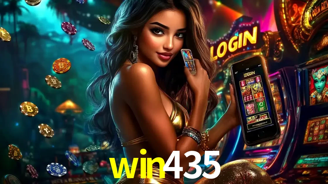 Mulher em um cenário de cassino temático de aventura, mostrando o app de caça-níqueis da win435 no celular. Fichas de apostas flutuam ao redor.